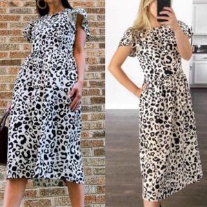 Who What Wear Linen Blend Leopard Animal Flutter Sleeves Tiered Midi Dress XXL